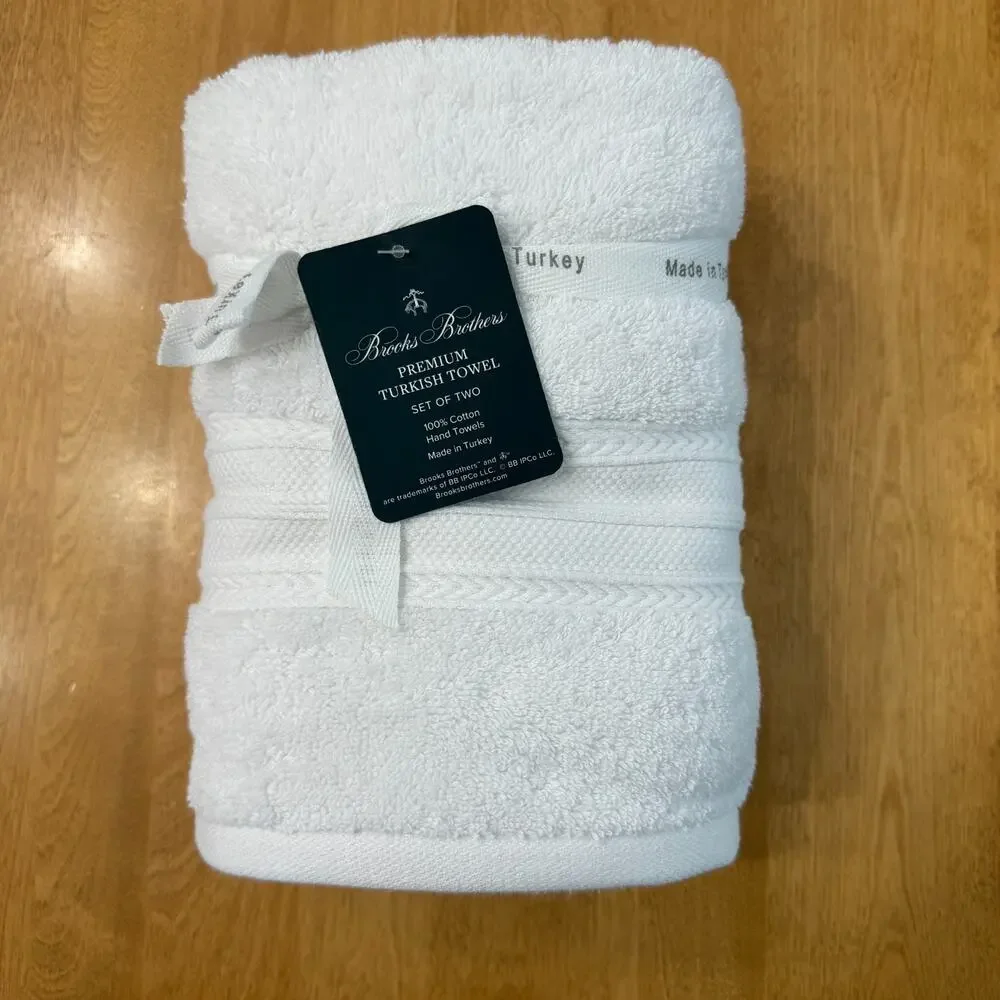 Brooks Brothers Premium Turkish Cotton Hand Towels Set of 2 White Plush Spa NWT